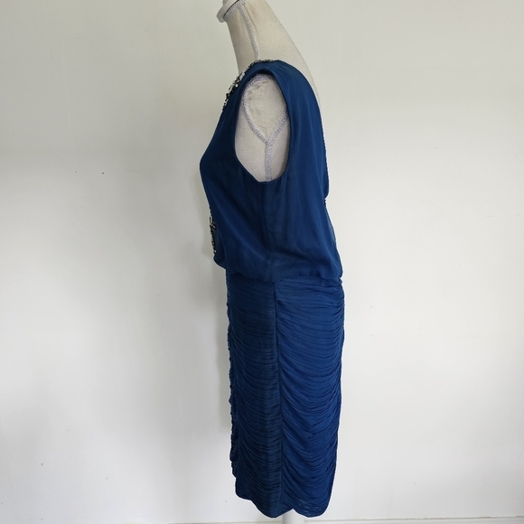 Aidan Mattox Blue Silk Sequin Ruched Dress - Picture 4 of 9
